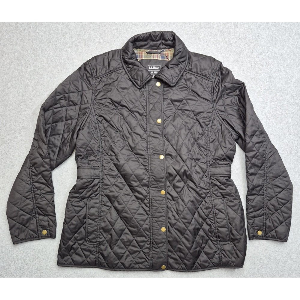 L.L. Bean Jacket Women XL Black Plaid Lined Snap Front Riding Coat Quilted